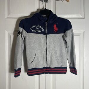 Y2K Polo Ralph Lauren Hoodie Kids S 8 Navy Gray Full Zip Big Pony RL Athletic